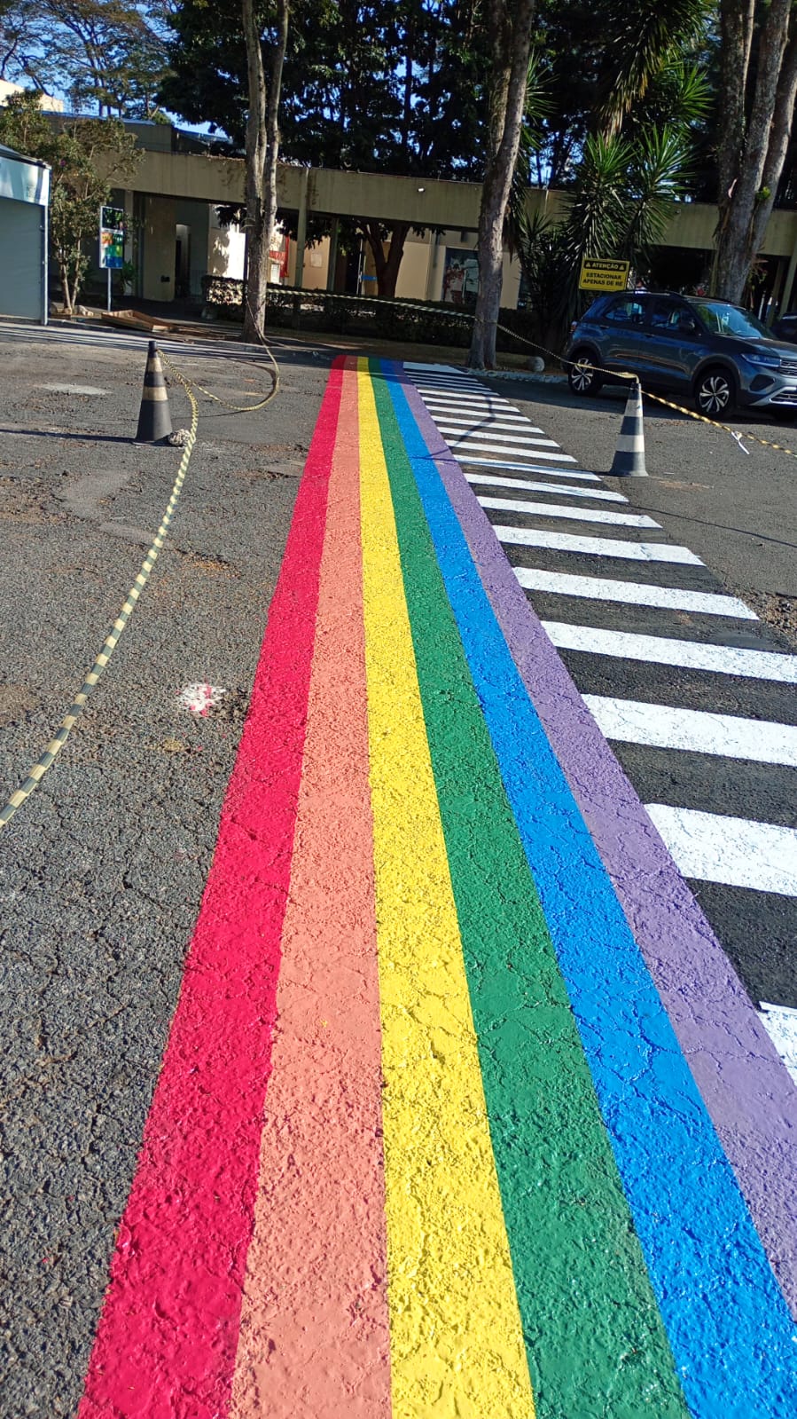 Faixa de pedestres colorida em arco-íris pintada sobre asfalto, ao lado de faixa de zebra tradicional em branco.
