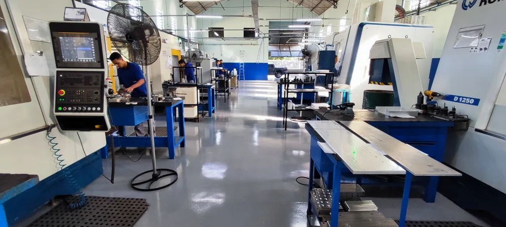 Setor de usinagem com piso autonivelante cinza brilhante, centros de usinagem e operadores ao fundo.
